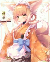 Rule 34 | 1girl, absurdres, alternate costume, animal ears, apron, arknights, blonde hair, blue bow, blush, bow, braid, braided hair rings, brown eyes, brown kimono, checkered clothes, checkered kimono, chrocatz, commentary request, enmaided, fox ears, fox girl, fox tail, frilled apron, frills, hair between eyes, hair rings, highres, holding, holding tray, japanese clothes, kimono, long sleeves, looking at viewer, maid, maid headdress, multicolored hair, parted lips, pinching sleeves, revision, sleeves past wrists, solo, suzuran (arknights), tail, tray, twin braids, two-tone hair, unmoving pattern, wa maid, white apron, white hair, wide sleeves
