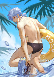 Rule 34 | 1boy, ass, barefoot, beach, black male swimwear, blue hair, butt crack, carrying, carrying under arm, day, dripping, feet, innertube, leg up, male focus, male swimwear, mosi l, mouth hold, original, outdoors, palm tree, ponytail, red eyes, shorts, shorts around one leg, soles, solo, spiked hair, standing, standing on one leg, swim briefs, swim ring, tree, undressing, wading, water, water drop, wet, whistle