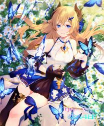 Rule 34 | 1girl, achiki, blonde hair, blue eyes, blush, bug, butterfly, dress, fingerless gloves, flower, gloves, gran saga, hair ornament, horns, insect, looking at viewer, ribbon, skirt, smile, solo, standing, thighhighs, thighs, zettai ryouiki