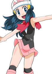 Rule 34 | 1girl, blue eyes, blue hair, blush, breasts, creatures (company), curvy, dawn (pokemon), female focus, game freak, hainchu, happy, looking at viewer, looking down, nintendo, pokemon, pokemon (anime), pokemon dppt (anime), shiny skin, skirt, small breasts, smile, solo