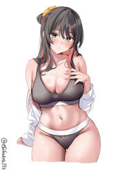 Rule 34 | 1girl, bare shoulders, blush, breasts, collarbone, colored inner hair, cropped legs, ebifurya, green eyes, grey hair, grey sports bra, hair between eyes, hair ribbon, hand on own chest, highres, kantai collection, large breasts, long hair, long sleeves, multicolored hair, naganami (kancolle), navel, one-hour drawing challenge, parted lips, pink hair, ribbon, sidelocks, simple background, solo, sports bra, thigh gap, thighs, twitter username, two-tone hair, white background