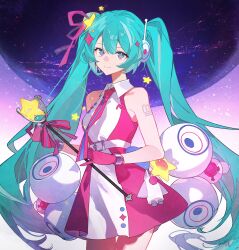 Rule 34 | 1girl, absurdres, aqua hair, bare legs, belt, blue eyes, commentary, dress, english commentary, gloves, gradient background, hatsune miku, headphones, highres, holding, holding wand, long hair, looking at viewer, magical mirai (vocaloid), magical mirai miku, magical mirai miku (2022), microphone wand, number tattoo, pink background, pink dress, pink gloves, planet, rocket, shoulder tattoo, sleeveless, sleeveless dress, smile, solo, speaker, sumery, tattoo, two-tone dress, vocaloid, wand, white background, white belt, white dress