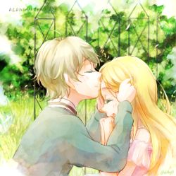 Rule 34 | 10s, 1boy, 1girl, aldnoah.zero, asseylum vers allusia, bare shoulders, blonde hair, blush, copyright name, dress, closed eyes, kissing forehead, grass, hands on another&#039;s head, hands on own face, hetero, kiss, kissing forehead, pink dress, silver hair, slaine troyard, smile, sweatdrop, t0day8
