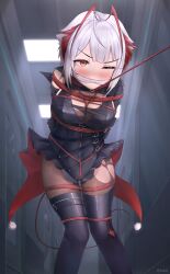 Rule 34 | 1girl, arknights, arms behind back, bdsm, black leotard, black pantyhose, blush, bondage, bound, bound arms, bound legs, bound wrists, breasts, brown eyes, cleave gag, cloth gag, crotch rope, demon horns, gag, gagged, highres, horns, improvised gag, kochiyo-desu, large breasts, leotard, multicolored hair, one eye closed, pantyhose, restrained, shibari, short hair, solo, tail, w (arknights), white hair