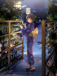 Rule 34 | 1girl, anmi, back bow, black footwear, blinking, blush, bow, brown hair, cellphone, commentary request, cowboy shot, crowd, floral print, from side, full body, green eyes, hair bun, highres, holding, holding phone, japanese clothes, kimono, large bow, long sleeves, looking at viewer, looking away, looking to the side, morning glory print, night, original, outdoors, phone, purple kimono, red eyes, reflection, short hair, single hair bun, smartphone, solo focus, standing, wide sleeves, wind, wind chime, yellow bow, yukata