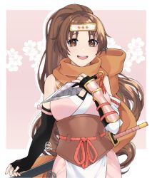 Rule 34 | 1girl, alternate costume, arm guards, black gloves, brown eyes, brown hair, cowboy shot, elbow gloves, fire emblem, fire emblem: mystery of the emblem, fire emblem heroes, floral background, gloves, hannreina, headband, highres, holding, holding weapon, japanese clothes, kunai, linde (fire emblem), ninja, nintendo, ponytail, sword, weapon, weapon behind back