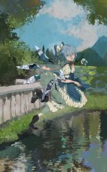 Rule 34 | 1girl, balcony, bare arms, black footwear, bloomers, blue dress, blue eyes, blue hair, blue ribbon, blue sky, boots, breasts, bush, chocolate (jitong), cirno, cloud, cloudy sky, commentary request, day, dress, floating, frilled dress, frills, full body, grass, hair between eyes, hair ribbon, happy, head tilt, high heel boots, high heels, highres, ice, ice wings, lily pad, looking at viewer, medium hair, messy hair, mountain, mountainous horizon, neck ribbon, open mouth, outstretched arm, pantyhose, puffy short sleeves, puffy sleeves, red ribbon, reflection, reflective water, ribbon, scenery, short sleeves, sidelocks, sky, small breasts, smile, solo, swept bangs, teeth, touhou, tree, two-tone dress, underwear, vegetation, water, white dress, white pantyhose, wings