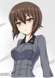 Rule 34 | 10s, 1girl, brown eyes, brown hair, closed mouth, commentary, cropped torso, dated, dress shirt, flipper, girls und panzer, grey shirt, kuromorimine school uniform, light frown, long sleeves, looking at viewer, nishizumi maho, one-hour drawing challenge, school uniform, shirt, short hair, solo, standing, twitter username, upper body