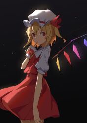Rule 34 | absurdres, backlighting, black background, blonde hair, collared shirt, cowboy shot, cup, dark background, disposable cup, drinking straw, drinking straw in mouth, duan zhu, flandre scarlet, from side, hat, highres, holding, holding cup, looking at viewer, mcdonald&#039;s, medium hair, mob cap, multicolored wings, one side up, puffy short sleeves, puffy sleeves, red eyes, red skirt, red vest, shirt, short sleeves, simple background, skirt, touhou, vest, white hat, white shirt, wings
