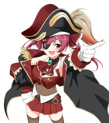 Rule 34 | 1girl, :d, absurdres, ascot, belt, bicorne, black coat, black hat, breasts, brooch, brown belt, brown thighhighs, cleavage, coat, cropped jacket, eyepatch, fang, felutiahime, frilled shirt collar, frills, gloves, gold trim, hair ribbon, hand on own hip, hat, highres, hololive, houshou marine, jacket, jewelry, lace, lace-trimmed legwear, lace trim, large breasts, leather belt, leotard, leotard under clothes, long hair, miniskirt, off shoulder, open mouth, pirate, pirate hat, pleated skirt, pointing, red ascot, red eyes, red hair, red jacket, red ribbon, red skirt, ribbon, see-through, see-through cleavage, see-through legwear, see-through leotard, simple background, skirt, sleeveless, sleeveless jacket, smile, solo, thighhighs, twintails, virtual youtuber, white background, white gloves, zettai ryouiki