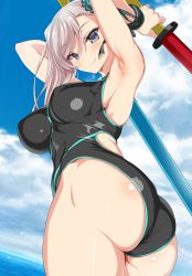Rule 34 | 1girl, armpits, arms behind head, arms up, ass, bare shoulders, black one-piece swimsuit, black ribbon, blue eyes, blue one-piece swimsuit, blue sky, blush, breasts, breasts apart, bun cover, cle masahiro, closed mouth, competition swimsuit, cowboy shot, day, fate/grand order, fate (series), from below, from side, hair between eyes, hair bun, hair ribbon, highleg, highleg swimsuit, highres, huge ass, large breasts, long hair, looking at viewer, miyamoto musashi (fate), miyamoto musashi (swimsuit berserker) (first ascension) (fate), ocean, one-piece swimsuit, outdoors, pink hair, ribbon, single side bun, sky, smile, solo, swept bangs, swimsuit, thighs, toy sword, two-tone swimsuit, wristband
