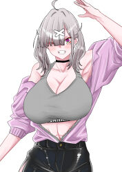 Rule 34 | 1girl, absurdres, ahoge, arm up, armpits, blush, breasts, cleavage, eyes visible through hair, frim 02, grey hair, hair ornament, hair over one eye, highres, jacket, large breasts, long hair, looking at viewer, mole, mole under eye, navel, nijisanji, one eye closed, open clothes, open jacket, open mouth, purple eyes, smile, solo, sukoya kana, tank top, twintails, virtual youtuber, x hair ornament