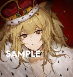 Rule 34 | 1girl, animal ears, arknights, blonde hair, brown eyes, commentary request, crown, english text, etiv, fur-trimmed jacket, fur trim, jacket, lion ears, lion girl, long hair, looking at viewer, siege (arknights), solo, upper body