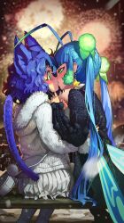 Rule 34 | 2girls, absurdres, animal ears, antenna hair, bench, black sweater, blue hair, blue lips, blush, cat ears, cat girl, cat tail, commission, dangle earrings, earrings, gradient hair, green eyes, highres, jewelry, kiss, long hair, long sleeves, looking at another, melaton, multicolored hair, multiple girls, original, pleated skirt, short hair, sitting, skeb commission, skirt, snow, snowing, star (symbol), star earrings, sweater, tail, twintails, wavy hair, white skirt, white sweater, yuri