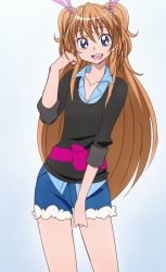 Rule 34 | 10s, 1girl, :d, blue eyes, brown hair, denim, denim shorts, houjou hibiki, long hair, looking at viewer, oimanji, open mouth, precure, shorts, smile, solo, suite precure, two side up