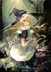 Rule 34 | 1girl, absurdres, basket, blonde hair, curly hair, eyebrows hidden by hair, forest, grass, hair between eyes, hat, highres, holding, holding basket, kirisame marisa, long hair, looking at viewer, looking back, nature, solo, squatting, tian (my dear), touhou, tree, witch, witch hat, yellow eyes