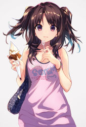 Rule 34 | 1girl, :3, bag, bare arms, brown hair, collarbone, cowboy shot, eyebrows, food, grey background, holding, holding spoon, ice cream, ice cream cone, long hair, looking at viewer, original, pink eyes, shoulder bag, simple background, solo, spoon, sushikuugo (suisen), tank top, tareme, twintails