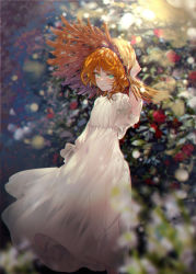 Rule 34 | 1girl, blurry, blurry background, blurry foreground, blush, brown hat, closed mouth, commentary request, depth of field, dress, emma (yakusoku no neverland), feet out of frame, green eyes, hair between eyes, hand on headwear, hat, kinokohime, long sleeves, looking at viewer, medium hair, orange hair, see-through silhouette, solo, standing, straw hat, white dress, yakusoku no neverland
