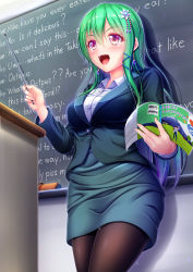 Rule 34 | 1girl, :d, black skirt, black suit, blouse, book, brown pantyhose, chalkboard, cowboy shot, earrings, english text, eraser, formal, green hair, hair between eyes, hair ornament, highres, hiro (725611), holding, holding book, indoors, jewelry, lectern, legs together, long hair, looking at viewer, open book, open mouth, original, pantyhose, pencil skirt, pink eyes, pointer, shirt, skirt, skirt suit, smile, solo, sparkle, standing, suit, teacher, white shirt, x hair ornament