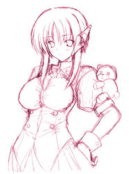 Rule 34 | 00s, 1girl, breasts, hand on own hip, large breasts, lineart, milfa (to heart), monochrome, robot, robot ears, sketch, solo, stuffed animal, stuffed toy, teddy bear, to heart (series), to heart 2, wrist cuffs