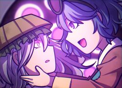 Rule 34 | 1jumangoku, 3others, ajirogasa, black hairband, child, commentary, extra eyes, eyelashes, frilled hat, frills, from side, glowing, glowing eyes, grabbing another&#039;s chin, hairband, hand on another&#039;s chin, hat, japanese clothes, kimono, len&#039;en, light purple hair, long hair, looking at another, mirror, mitsumo, multiple others, open mouth, patch, pink kimono, purple hair, scared, shirami souko, short hair, smile, terumi (len&#039;en), traditional youkai, wide-eyed