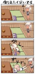 Rule 34 | 4koma, absurdres, basket, blonde hair, blue eyes, comic, commentary request, crop top, cushion, engiyoshi, flower, food, frown, fruit, full body, hair flower, hair ornament, highres, i-58 (kancolle), kantai collection, kotatsu, mandarin orange, md5 mismatch, no pants, one-piece swimsuit, one-piece tan, pink hair, pulling, resolution mismatch, ro-500 (kancolle), sailor collar, sailor shirt, school swimsuit, school uniform, serafuku, shirt, short hair, source smaller, swimsuit, swimsuit under clothes, table, tan, tanline, tears, translation request, under table