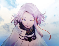 Rule 34 | 10s, 1boy, asymmetrical hair, blue eyes, cloud, cloudy sky, dio eraclea, goggles, goggles around neck, hair ornament, hair ribbon, hand up, last exile, last exile: gin&#039;yoku no fam, locon, looking at viewer, makeup, male focus, messy hair, one eye closed, open mouth, pointy ears, red ribbon, ribbon, short hair, sky, smile, solo, teeth, upper body, white hair, wink
