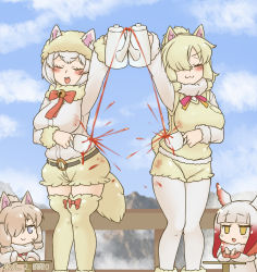 Rule 34 | 4girls, :3, :d, alpaca ears, alpaca huacaya (kemono friends), alpaca suri (kemono friends), animal ear fluff, animal ears, arm up, belt, blonde hair, blue sky, blush, bow, bow legwear, breasts, chibi, chinese commentary, clapping, closed eyes, cloud, commentary request, cup, day, decantering, dirty, dirty clothes, dual persona, ears through headwear, empty eyes, failure, feet out of frame, fur collar, gradient hair, grey eyes, hair over one eye, hat, head wings, japanese crested ibis (kemono friends), kemono friends, large breasts, pantyhose under shorts, long sleeves, miji doujing daile, mountain, multicolored hair, multiple girls, o-ring, o-ring belt, open mouth, outdoors, pantyhose, pouring, railing, red bow, red hair, shirt, short hair, short shorts, shorts, sky, smile, standing, sweatdrop, tea, teapot, thighhighs, vest, white legwear, white shirt, wings, yellow eyes, yellow legwear, yellow shorts, yellow vest, you&#039;re doing it wrong