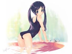 Rule 34 | 1girl, ass, bath, kawata hisashi, mizuki mana, one-piece swimsuit, original, purple eyes, purple hair, school swimsuit, solo, swimsuit, twintails, white album, white album (series)