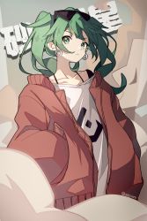 Rule 34 | 1girl, black-framed eyewear, captain yue, closed mouth, collarbone, commentary request, earrings, eyewear on head, green eyes, green hair, hands in pockets, hatsune miku, head tilt, highres, jacket, jewelry, long hair, long sleeves, looking at viewer, open clothes, open jacket, puffy long sleeves, puffy sleeves, red jacket, sand, shirt, sidelocks, simple background, solo, song name, spaghetti strap, suna no wakusei (vocaloid), sunglasses, t-shirt, twintails, twitter username, upper body, vocaloid, white shirt