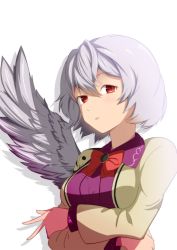 Rule 34 | 1girl, dress, highres, kishin sagume, long sleeves, looking at viewer, purple dress, red eyes, shiver (siva-hl), short hair, silver hair, simple background, single wing, solo, touhou, upper body, v, vest, white background, wings