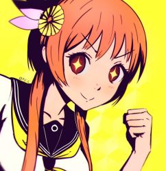 Rule 34 | 1girl, blush, brown eyes, brown hair, clenched hand, commentary, english commentary, eyelashes, flower, hair flower, hair ornament, hand up, long hair, looking at viewer, nisekoi, portrait, qosic, school uniform, short hair, smile, solo, tachibana marika, upper body, yellow background