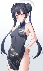 Rule 34 | 1girl, absurdres, armpits, black dress, black hair, blue archive, blush, butterfly hair ornament, china dress, chinese clothes, commentary request, double bun, dress, grey eyes, groin, hair between eyes, hair bun, hair ornament, halo, hand on own hip, highres, kisaki (blue archive), long hair, looking at viewer, no panties, noa (noa01010), parted lips, pelvic curtain, side slit, sidelocks, simple background, sleeveless, sleeveless turtleneck dress, solo, twintails, white background
