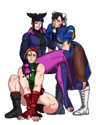 Rule 34 | arched back, arm around shoulder, biker clothes, black bodysuit, black eyes, black footwear, black gloves, black hair, black nails, blue dress, blue eyes, blue leotard, blush, bodysuit, boots, breasts, brown pantyhose, cammy white, capcom, china dress, chinese clothes, chun-li, combat boots, double bun, dress, drill hair, earrings, efd, evil smile, fingerless gloves, fingernails, furrowed brow, gloves, gold trim, grabbing another&#039;s chin, green leotard, hair bun, hair ornament, han juri, hand on another&#039;s chin, highres, jewelry, large breasts, lens flare, leotard, looking at another, looking at viewer, looking up, multiple girls, pantyhose, partially fingerless gloves, pink eyes, puffy short sleeves, puffy sleeves, red gloves, red socks, sash, scar, scar on face, short sleeves, single earring, sitting, skin tight, smile, socks, squatting, street fighter, street fighter v, turtleneck, twin drills, white footwear, white sash, yuri