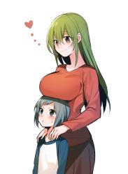 Rule 34 | 1boy, 1girl, age difference, bad id, bad twitter id, blue eyes, blue hair, breast rest, breasts, breasts on head, erubo, green hair, heart, large breasts, long hair, original, raglan sleeves, short hair, simple background, white background