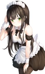 Rule 34 | 1girl, alternate costume, apron, arm up, bare shoulders, black bow, black bowtie, black hair, blush, bow, bowtie, breasts, brown pantyhose, brown skirt, cleavage, closed mouth, collar, commentary request, detached collar, enmaided, frilled apron, frills, green eyes, highres, long hair, looking at viewer, maid, maid headdress, medium breasts, pantyhose, pleated skirt, shiero., simple background, skirt, solo, strapless, tatsumi kon, urara meirochou, very long hair, waist apron, white apron, white background, white collar, wing collar, wrist cuffs