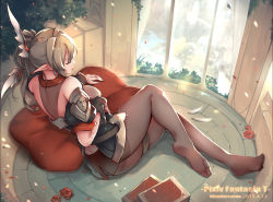 Rule 34 | 1girl, black pantyhose, book, brown hair, closed eyes, feathers, feet, flower, hair ornament, long hair, no shoes, panties, panties under pantyhose, pantyhose, petals, pillow, pixiv fantasia, pixiv fantasia t, pointy ears, revision, rose, rose petals, smile, solo, striped clothes, striped panties, thigh strap, toes, underwear, windforcelan