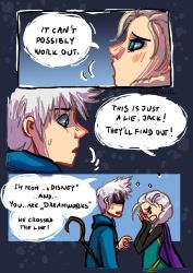 Rule 34 | 1boy, 1girl, comic, crossover, crying, elsa (frozen), frozen (disney), jack frost (rise of the guardians), rise of the guardians