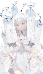 Rule 34 | 1girl, absurdres, candle, commentary request, cowboy shot, grey hair, habit, head tilt, highres, interlocked fingers, long sleeves, looking at viewer, nun, ohisashiburi, open mouth, original, own hands clasped, own hands together, simple background, solo, standing, teeth, water, white background