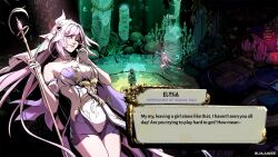 Rule 34 | bare shoulders, bed, black shorts, book, breasts, brooch, character name, clothing cutout, detached sleeves, elbow gloves, elf, elysia (herrscher of human:ego) (honkai impact), elysia (honkai impact), english text, fake screenshot, floating, gloves, hades (series), hades 2, heart, heart brooch, highres, holding, holding staff, honkai (series), honkai impact 3rd, jewelry, jiajuniee, lamp, long hair, pink eyes, pink hair, pink pupils, plant, pointy ears, rock, scroll, shirt, short shorts, short sleeves, shorts, side cutout, sitting, sitting on object, speech stab, staff, thighs, treasure chest, twitter username, very long hair, white gloves, white shirt, white veil