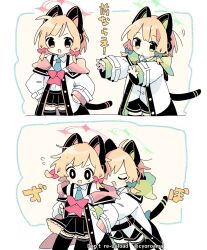 2girls animal_ear_headphones animal_ears black_eyes black_shorts black_skirt black_thighhighs blonde_hair blue_archive blue_necktie blush border bow cat_ear_headphones cat_tail chestnut_mouth coat collared_shirt commentary_request dress_shirt fake_animal_ears fake_tail flying_sweatdrops green_bow green_eyes hair_bow hands_on_own_hips headphones highres hood hood_down hooded_coat hug hug_from_behind looking_at_viewer low-tied_sidelocks midori_(blue_archive) momoi_(blue_archive) multiple_girls multiple_hair_bows multiple_views naguru_(cyoroama) necktie open_mouth outside_border outstretched_arms pink_bow pink_eyes sequential shirt shirt_tucked_in short_hair shorts siblings simple_background sisters skirt smile surprise_hug tail thighhighs translation_request untucked_shirt white_border white_coat white_shirt wide-eyed yellow_background