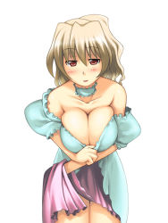 Rule 34 | player character (mabinogi), blonde hair, blush, breasts squeezed together, breasts, character request, choker, cleavage, clothes lift, dress, dress lift, huge breasts, ikujitto, mabinogi, naughty face, no bra, off shoulder, red eyes, smile, solo