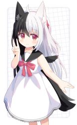 Rule 34 | 1girl, ahoge, animal ear fluff, animal ears, bare arms, bare shoulders, beret, black hair, black sailor collar, black wings, blush, bow, closed mouth, commentary request, commission, copyright request, dress, feathered wings, hair between eyes, hand up, hat, highres, mini wings, multicolored hair, nakkar, red bow, red eyes, sailor collar, sailor dress, signature, sleeveless, sleeveless dress, smile, solo, tail, two-tone hair, v, white background, white dress, white hair, white hat, wings
