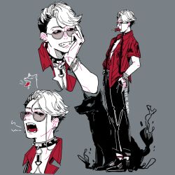 Rule 34 | 1boy, artist name, black collar, black footwear, black pants, black sclera, collar, collared shirt, colored sclera, dated, fang, food in mouth, from side, full body, glasses, grey background, grin, hand on own cheek, hand on own face, hand on own hip, looking at viewer, multiple views, open mouth, pants, partially unbuttoned, pavia (reverse:1999), portrait, profile, red shirt, reverse:1999, sakita pani, shirt, short hair, short sleeves, signature, smile, spiked collar, spikes, teeth, white eyes, white hair, wolf
