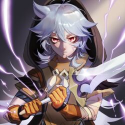 Rule 34 | 1boy, ahoge, bishounen, electricity, emo37337640, genshin impact, gloves, grey hair, hair between eyes, highres, holding, holding sword, holding weapon, hood, hood up, long hair, looking at viewer, male focus, orange gloves, razor (genshin impact), red eyes, scar, scar on face, simple background, solo, sword, upper body, weapon