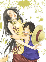 Rule 34 | 1boy, 1girl, bell, bird, black hair, blush, boa hancock, china dress, chinese clothes, dove, dress, earrings, fur trim, hat, heart, hetero, highres, hug, injury, jewelry, jolly roger, long hair, monkey d. luffy, one piece, pirate, red shorts, scar, shorts, smile, straw hat, vest, yellow dress