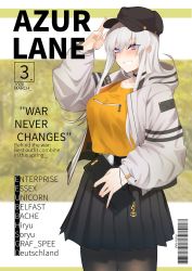 Rule 34 | 1girl, alternate costume, azur lane, bad id, bad pixiv id, bag, barcode, black choker, black pantyhose, black skirt, blurry, blurry background, breasts, casual, choker, commentary request, copyright name, country roads, cover, cowboy shot, enterprise (azur lane), grey hair, grin, hand on own head, handbag, hat, highres, jacket, large breasts, letterboxed, long hair, magazine cover, miniskirt, orange shirt, oversized clothes, pantyhose, pleated skirt, purple eyes, shirt, skirt, smile, user rsfj2585, visor cap
