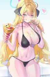 Rule 34 | 1girl, absurdres, ahoge, akari (blue archive), bare arms, bare legs, bare shoulders, bikini, black bikini, black horns, blonde hair, blue archive, blue eyes, breasts, cleavage, closed mouth, collarbone, cowboy shot, crepe, demon horns, food, food on body, halo, heart, highres, horns, ice cream, large breasts, long hair, navel, painter j, smile, solo, spoken heart, swimsuit, tongue, tongue out, twitter username