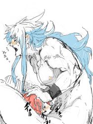 Rule 34 | 00s, bara, blue hair, blush, cuffs, closed eyes, handcuffs, male focus, muscular, nipples, nude, open mouth, oral, red hair, regal bryan, tales of (series), tales of symphonia, yaoi, zelos wilder