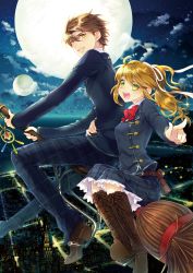 Rule 34 | 1boy, 1girl, blonde hair, blue skirt, blush, boots, bow, bowtie, broom, broom riding, brown eyes, brown hair, cityscape, cloud, full moon, green eyes, grin, hair ribbon, highres, lace, lace-trimmed skirt, lace trim, light particles, long hair, moon, multiple riders, night, night sky, open mouth, original, pants, plaid, plaid pants, plaid skirt, pointing, renta, renta (deja-vu), ribbon, sidesaddle, skirt, sky, smile, yellow eyes